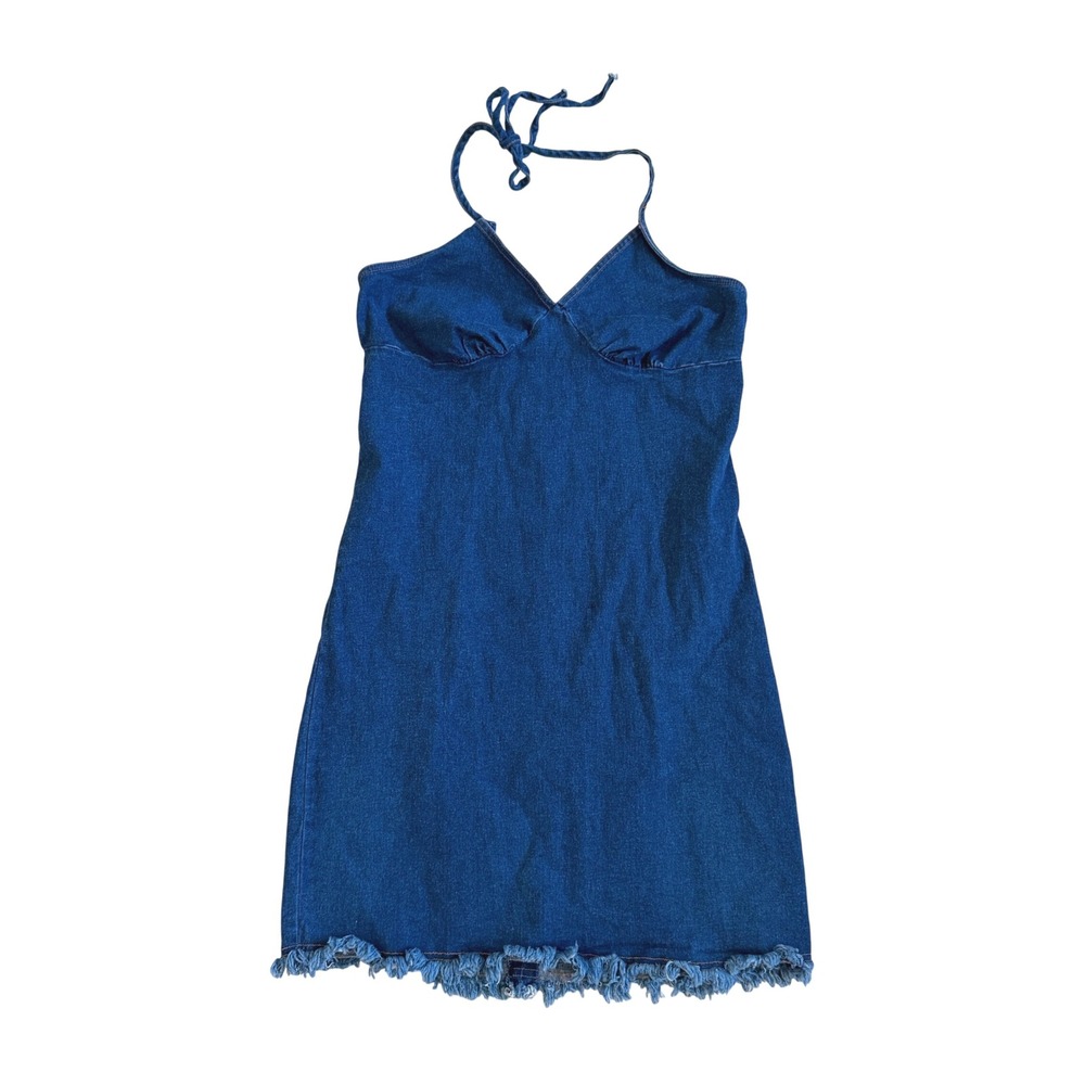 VTG! Y2K Xhilaration Stretch Denim Halter Fringe Mini Dress Women M Chic retro‎